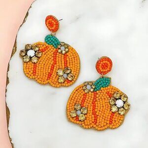Crystal & Seed Beaded Pumpkin Patch Thanksgiving Fall Theme Earrings